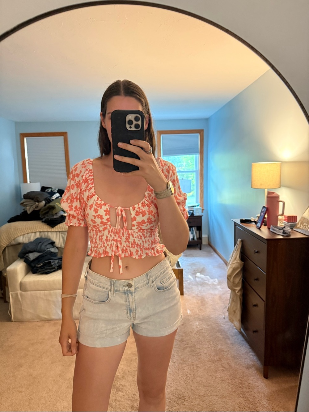 Kendall & Kylie Coral and White Floral Tie-Front Crop Top